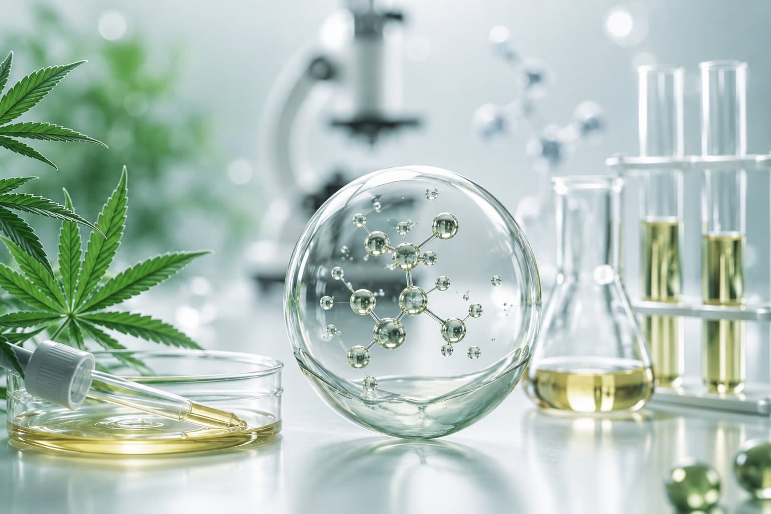 Laboratory still with cannabis leaf, golden oil and a molecular model in glass