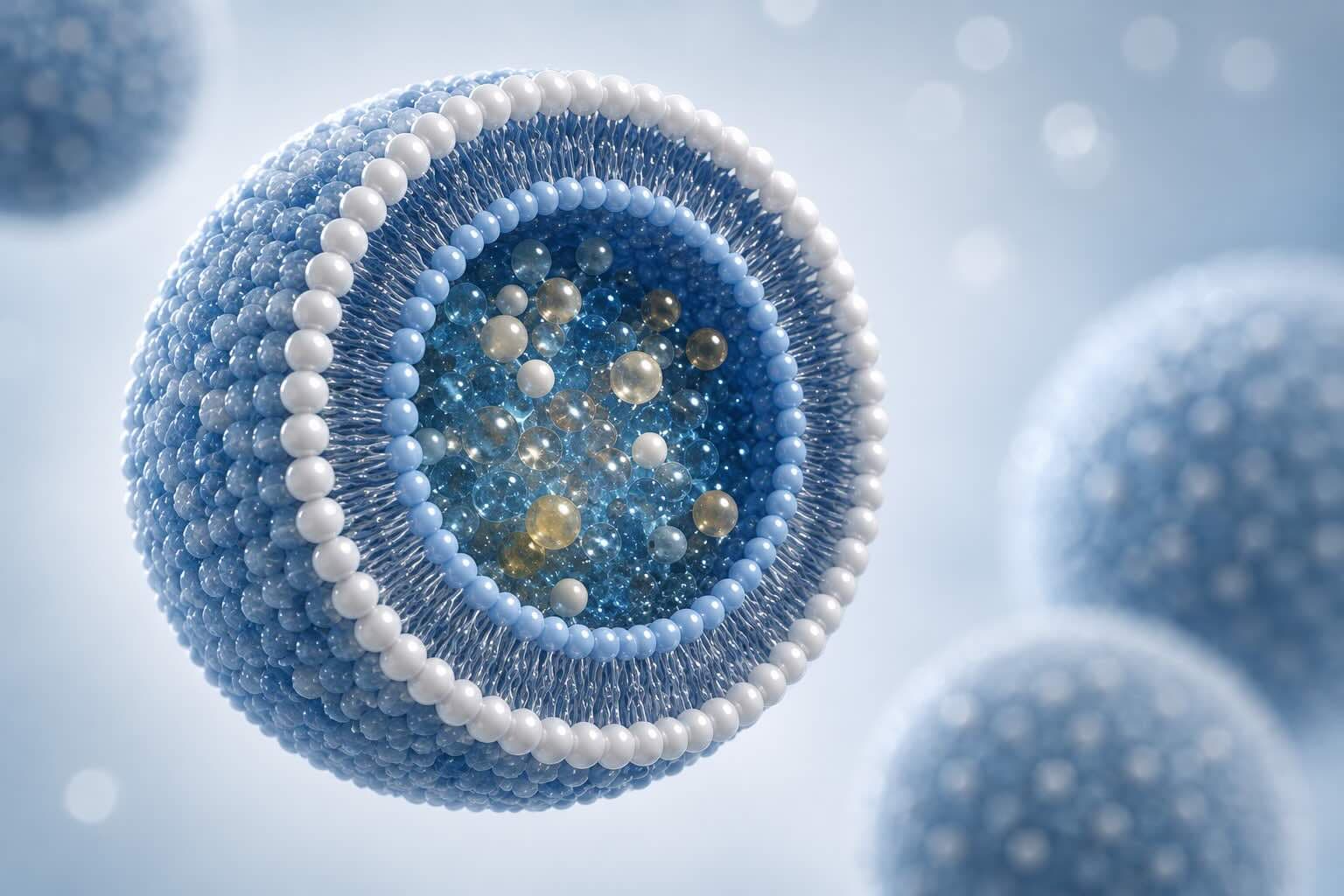 Cross-section of a nanostructured lipid carrier, showing the blended lipid matrix and active core