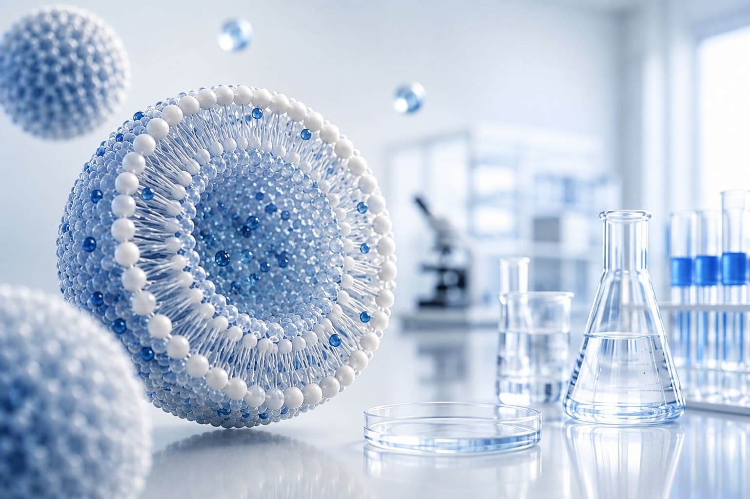 Laboratory glassware beside a cutaway of a lipid particle in a research setting