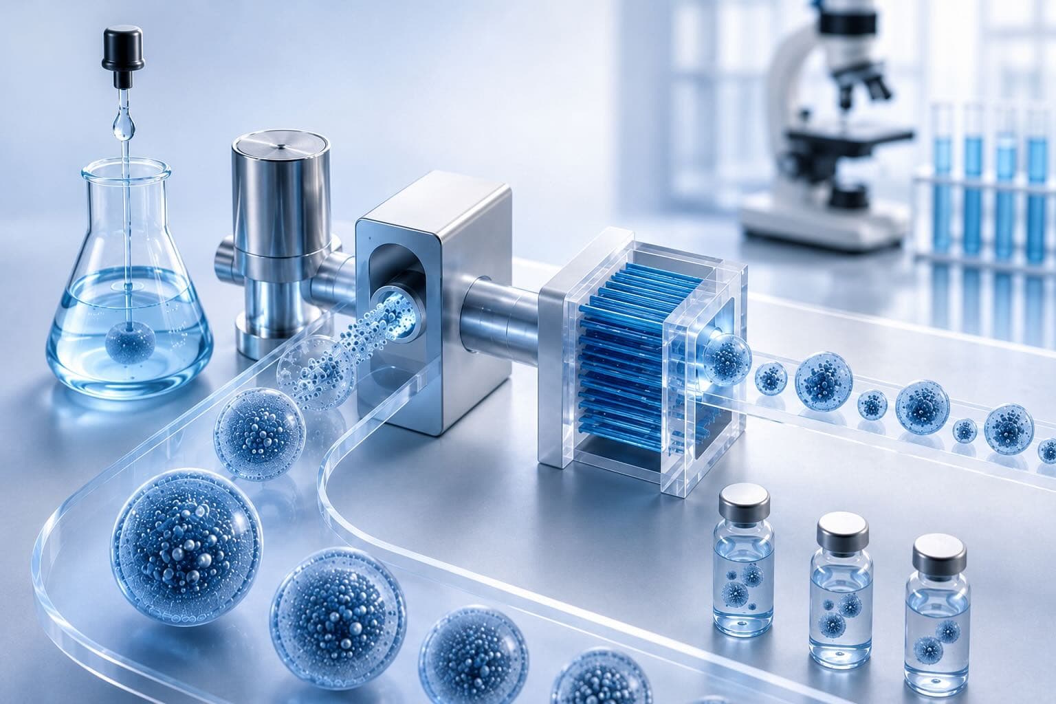 Stylised process line of lipid carriers moving through laboratory equipment into finished vials