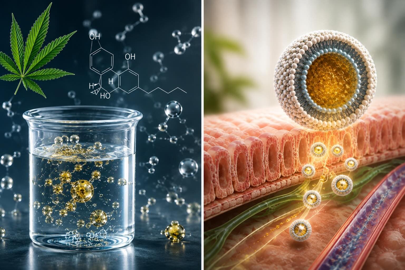 Split view of an emulsion in a beaker beside a lipid particle approaching tissue
