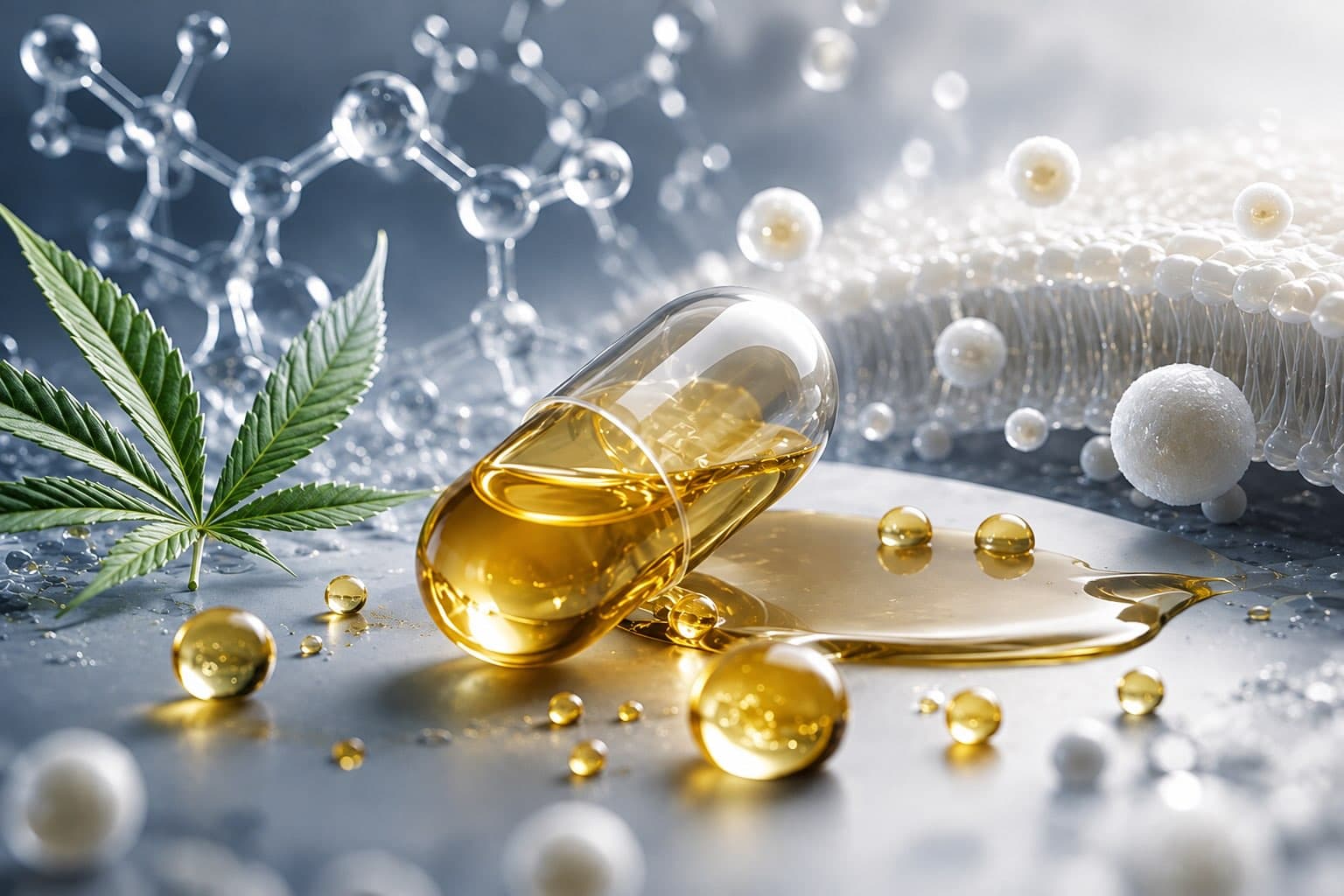 Cannabinoid plant material beside laboratory glassware